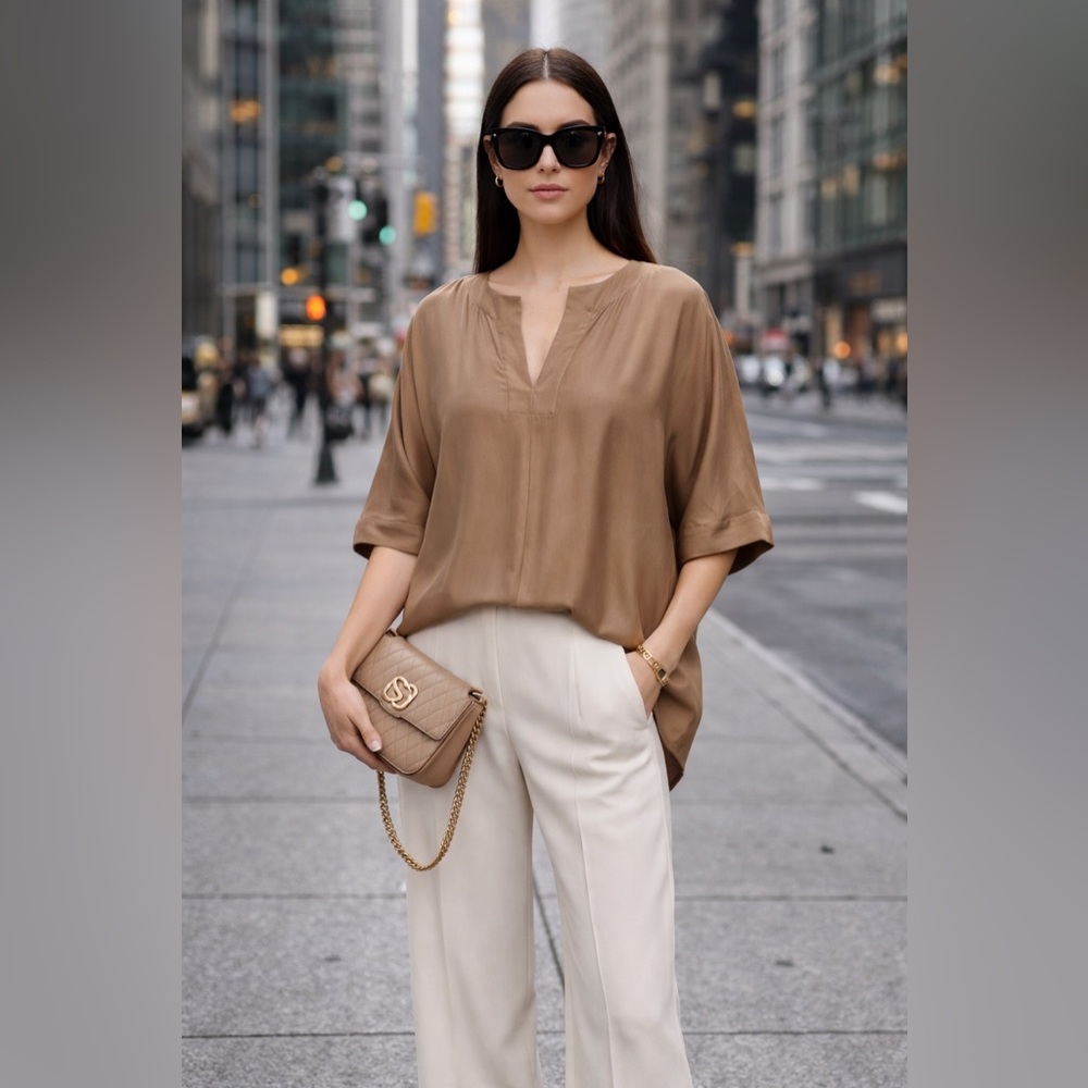 ST. JOHN Plain Weave Dolman-Sleeve Top – Toffee | Size Small